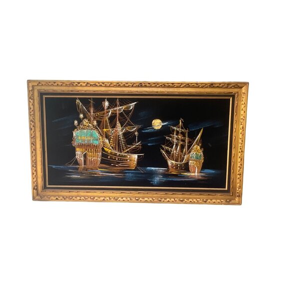 1960s 1970s Velvet Vintage Hand Painted Pirate Ship Nautical Ship Scene Art In O - Picture 3 of 11